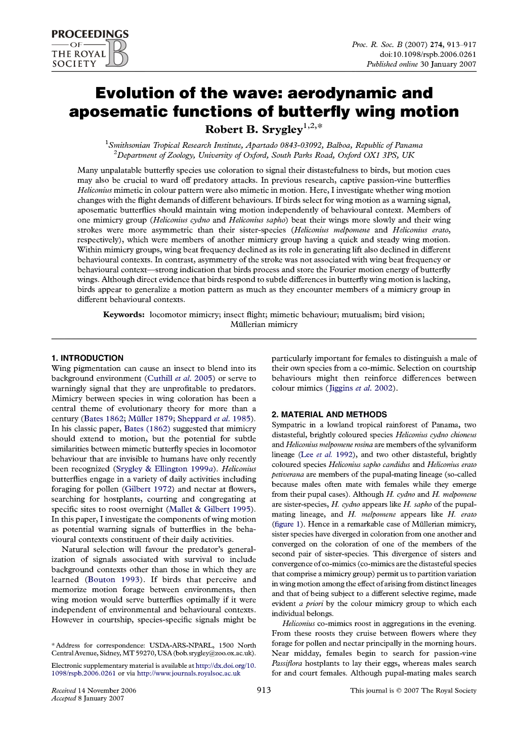 Aerodynamic and Aposematic Functions of Butterfly Wing Motion Robert B
