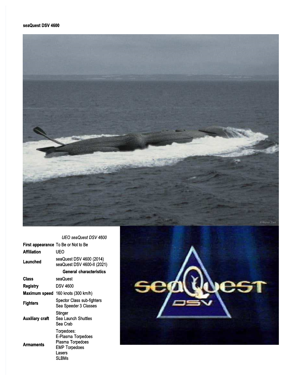 Seaquest DSV 4600 UEO Seaquest DSV 4600 First Appearance to Be Or Not to Be Affiliation UEO Launched Seaquest DSV 4600 (2014)