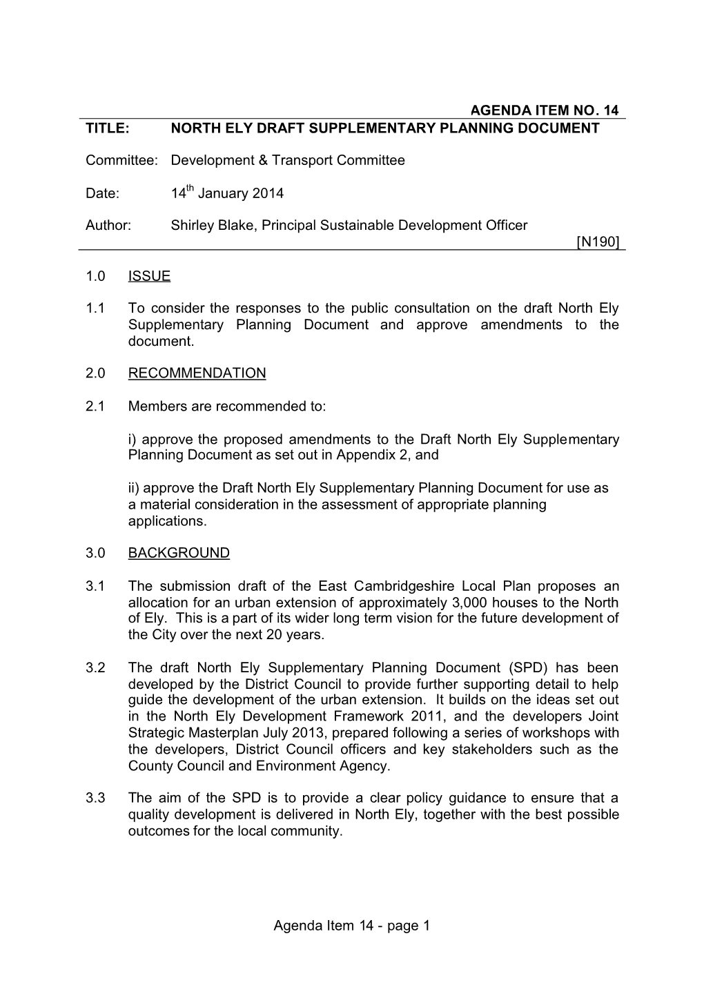 Agenda Item No. 14 Title: North Ely Draft Supplementary Planning Document