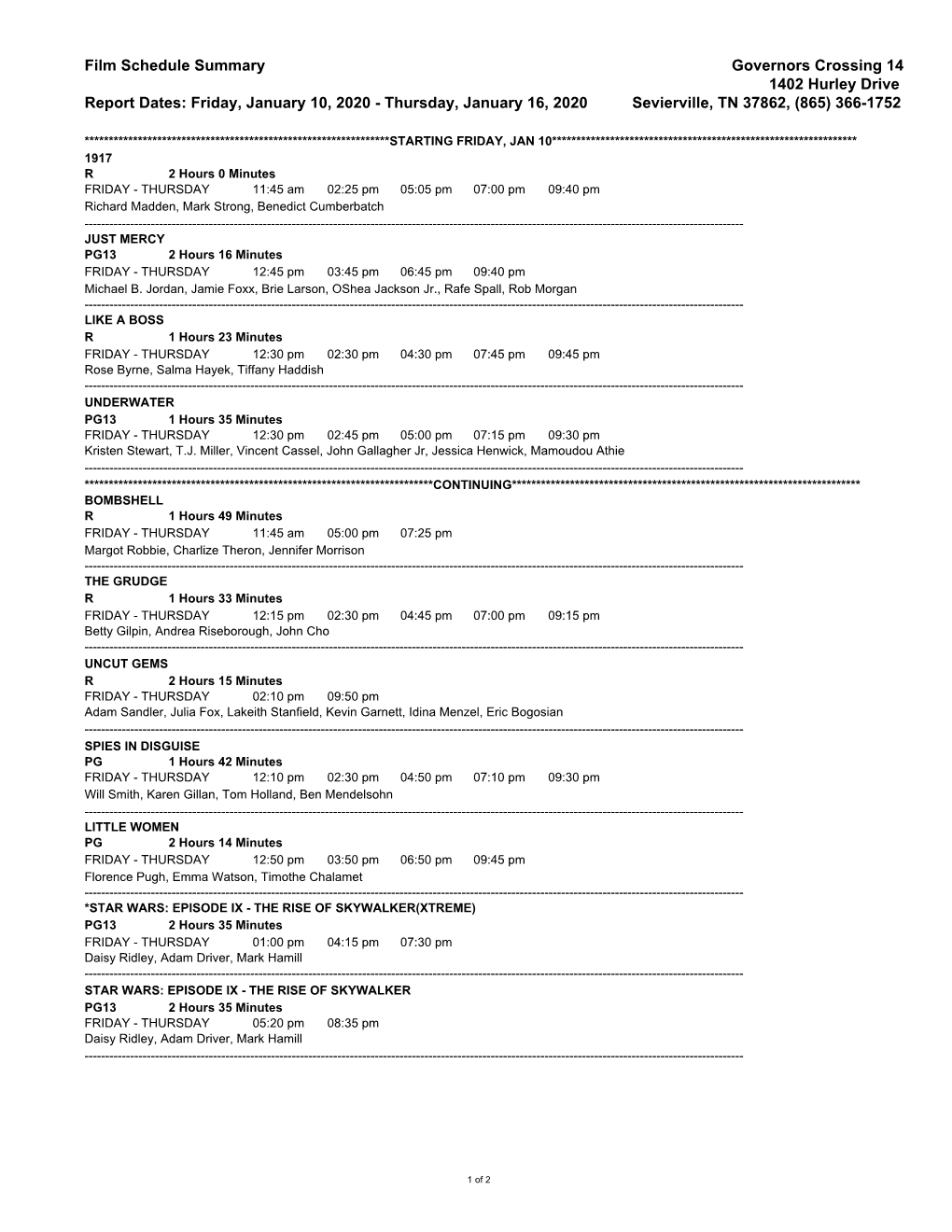 Film Schedule Summary Governors Crossing 14 1402