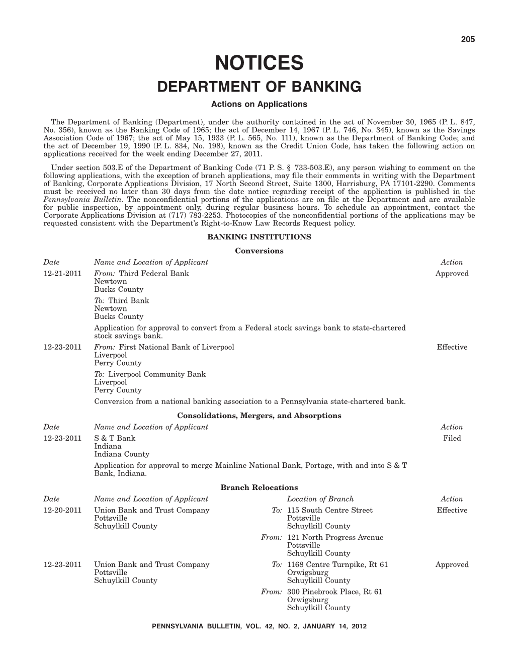 NOTICES DEPARTMENT of BANKING Actions on Applications