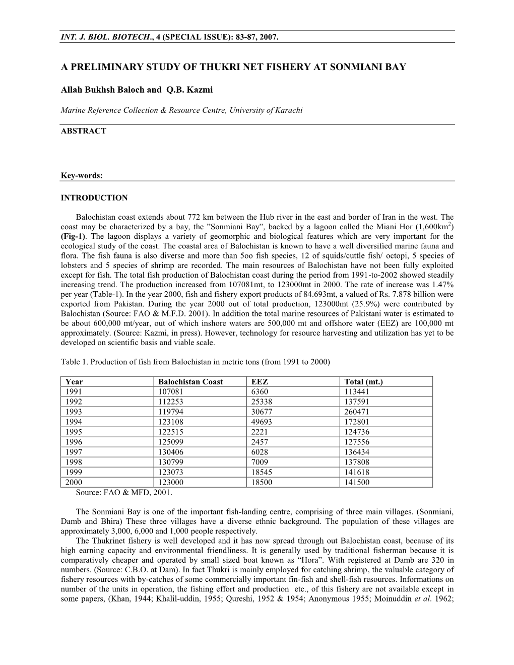 A Preliminary Study of Thukri Net Fishery at Sonmiani Bay