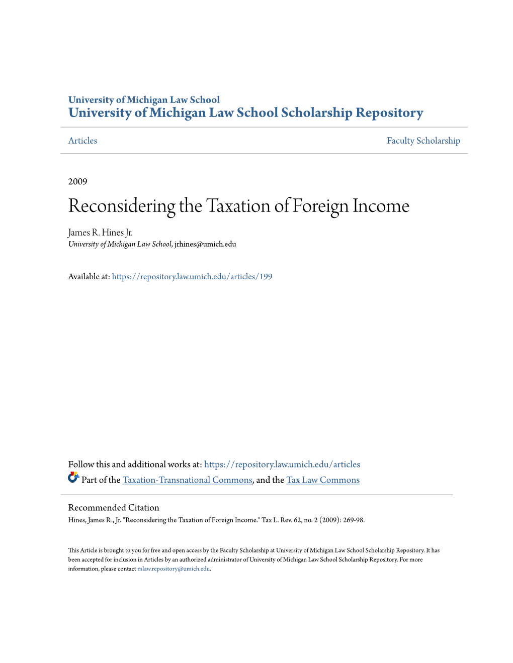 Reconsidering the Taxation of Foreign Income James R