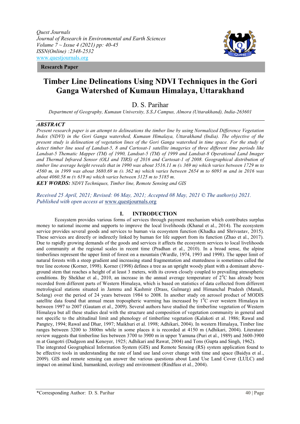 Timber Line Delineations Using NDVI Techniques in the Gori Ganga Watershed of Kumaun Himalaya, Uttarakhand