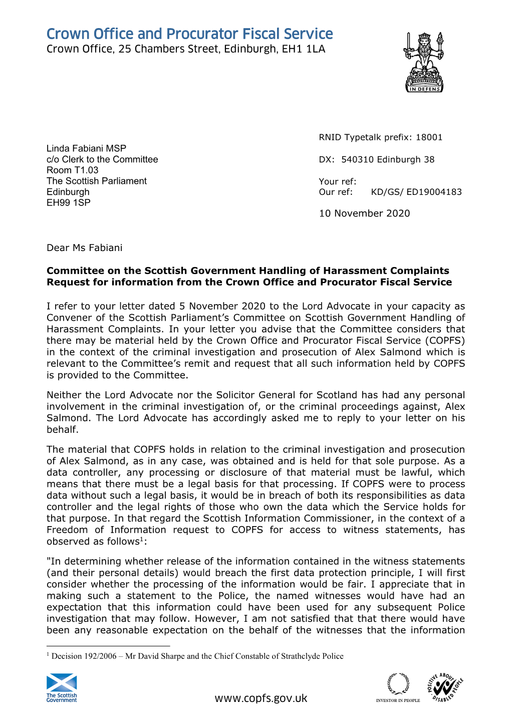 Letter to the Convener of 10 November 2020