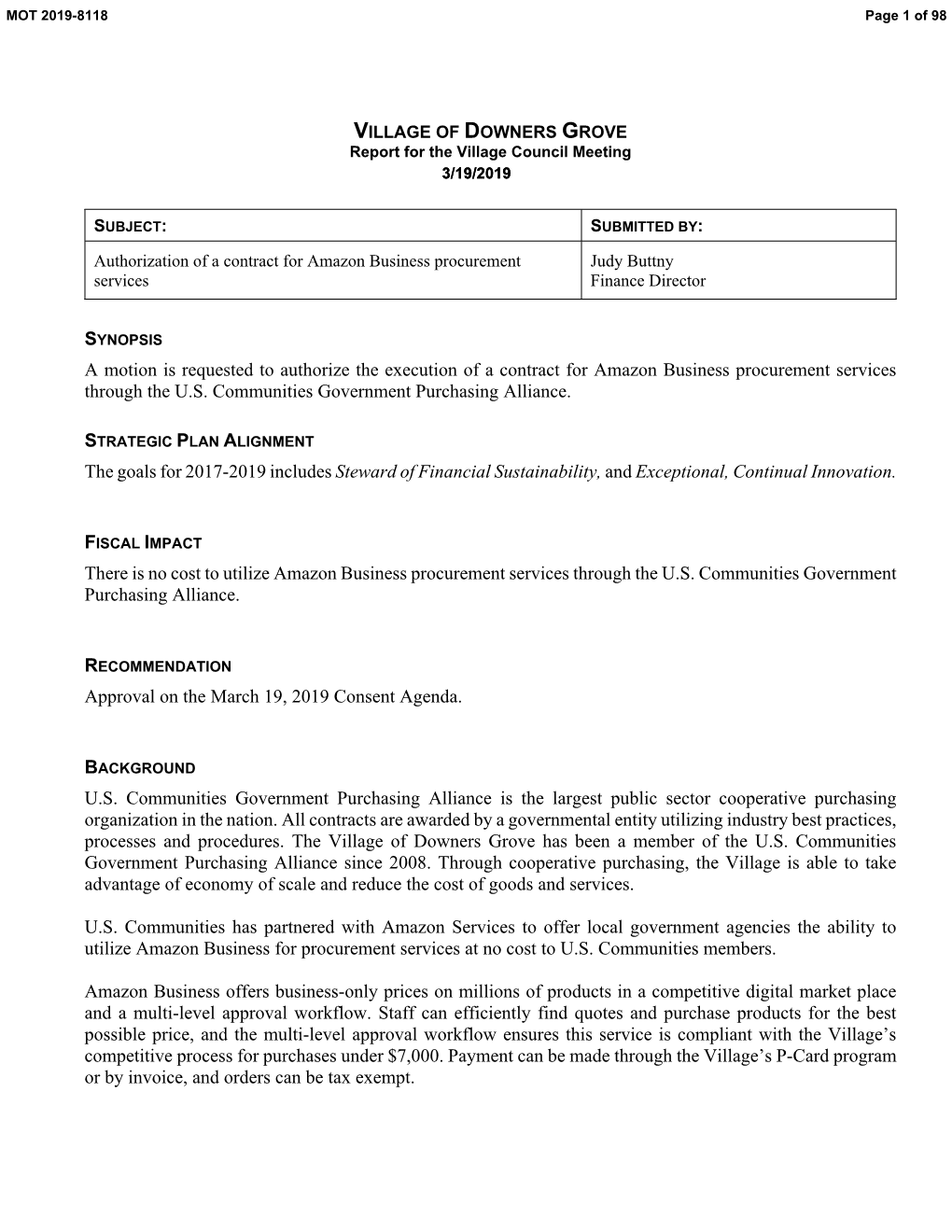 A Motion Is Requested to Authorize the Execution of a Contract for Amazon Business Procurement Services Through the U.S. Communities Government Purchasing Alliance