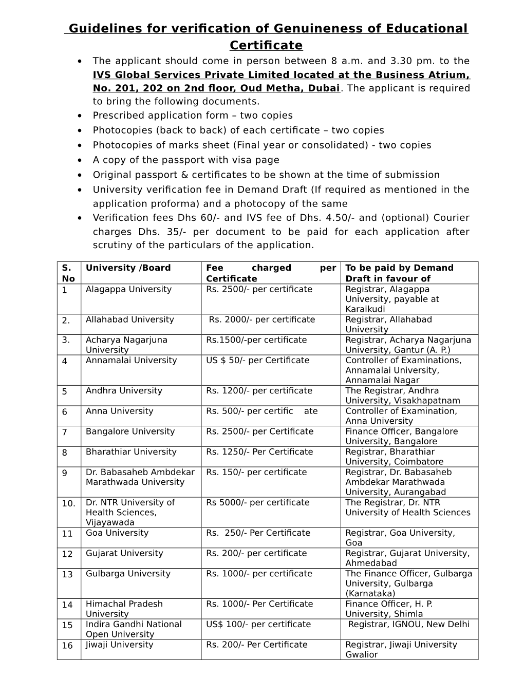 Guidelines for Verification of Genuineness of Educational Certificate  the Applicant Should Come in Person Between 8 A.M