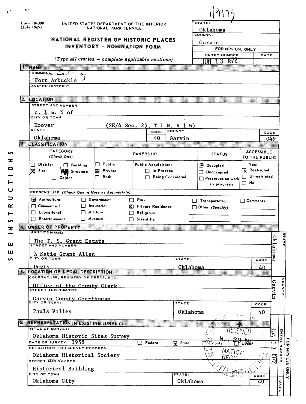 Oklahoma COUNTY: NATIONAL REGISTER of HISTORIC PLACES Garvin INVENTORY - NOMINATION FORM