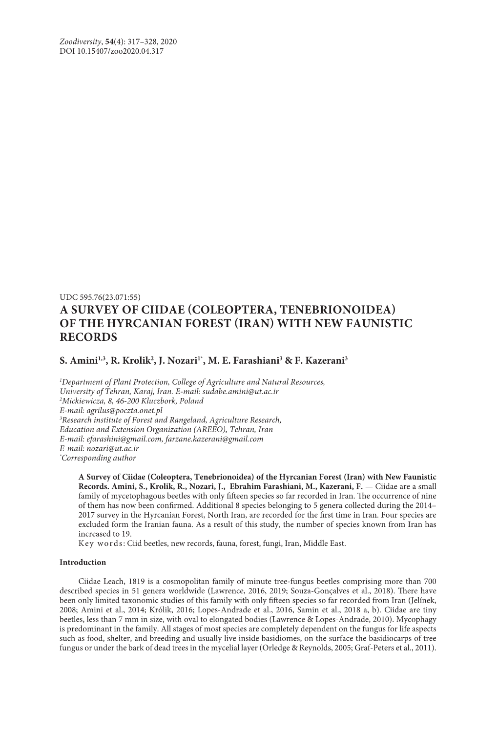 A Survey of Ciidae (Coleoptera, Tenebrionoidea) of the Hyrcanian Forest (Iran) with New Faunistic Records