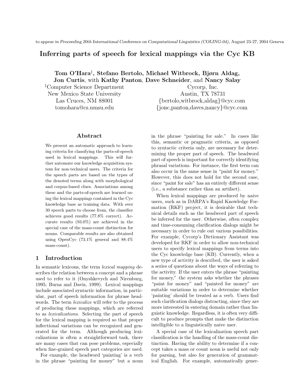 Inferring Parts of Speech for Lexical Mappings Via the Cyc KB