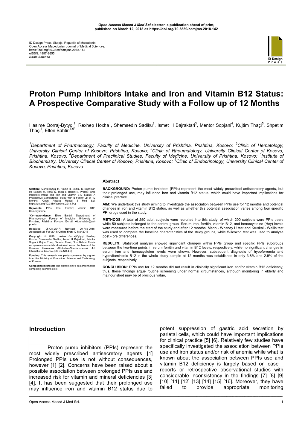 Proton Pump Inhibitors Intake and Iron and Vitamin B12 Status: a Prospective Comparative Study with a Follow up of 12 Months