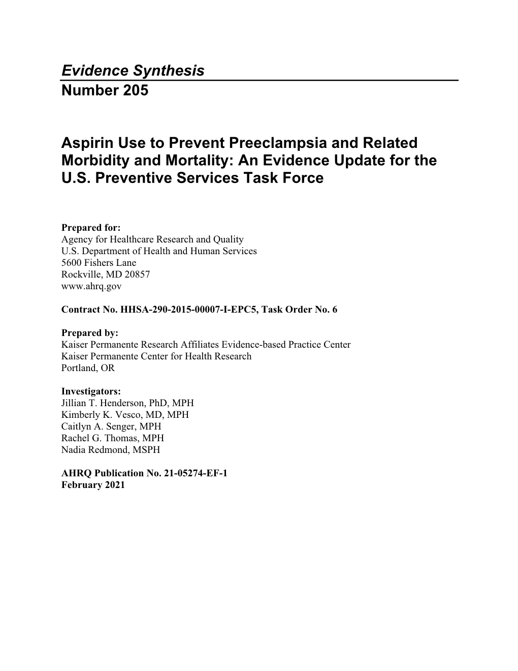 Aspirin Use to Prevent Preeclampsia and Related Morbidity and Mortality: an Evidence Update for the U.S