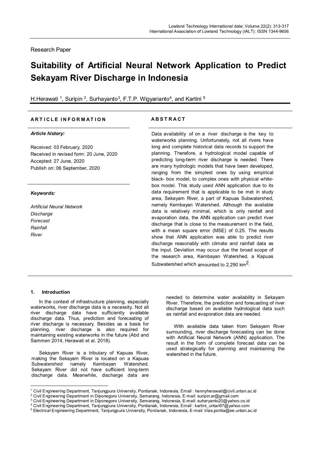 Suitability of Artificial Neural Network Application to Predict Sekayam River Discharge in Indonesia