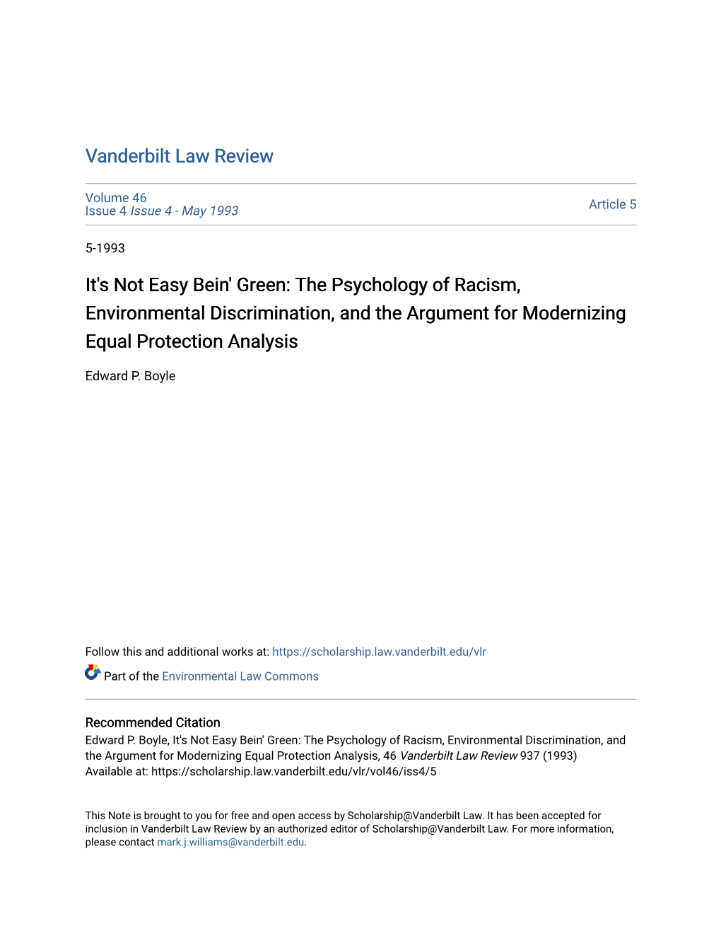 The Psychology of Racism, Environmental Discrimination, and the Argument for Modernizing Equal Protection Analysis