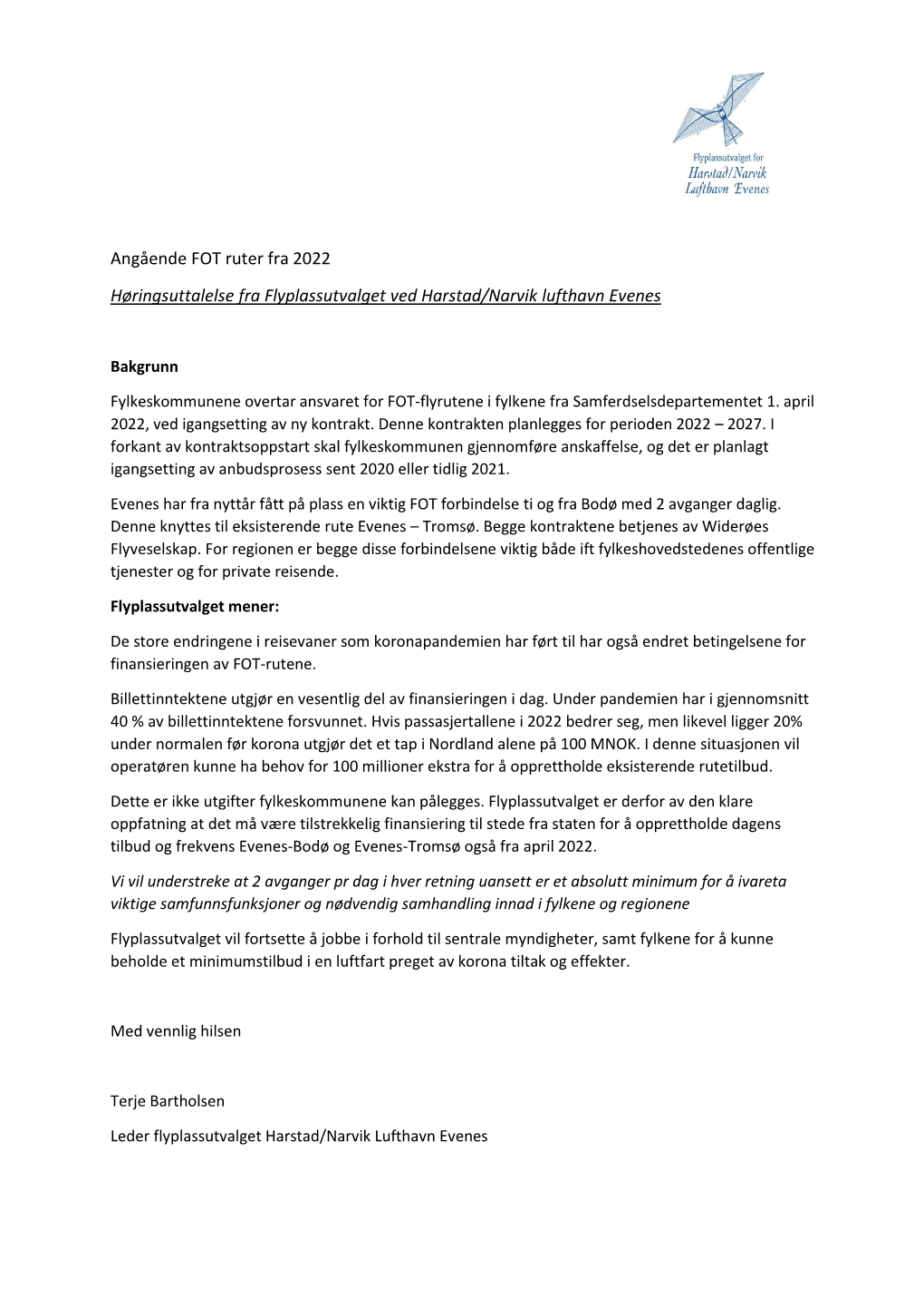 Angående FOT Ruter Fra 2022 Høringsuttalelse Fra Flyplassutvalget Ved Harstad/Narvik Lufthavn Evenes