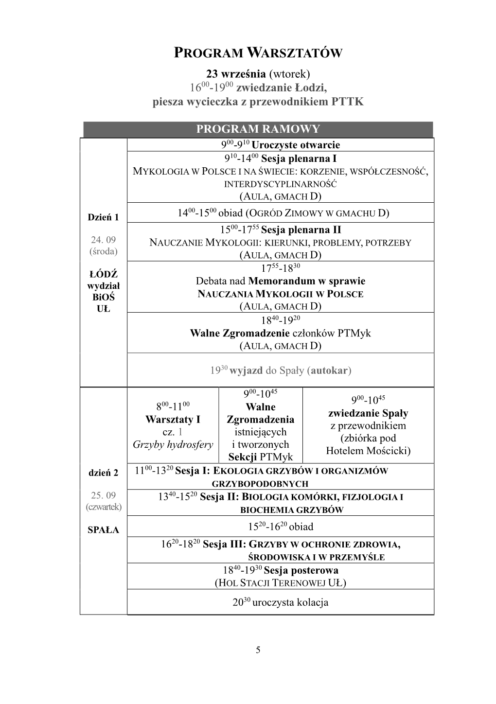 PROGRAM WARSZTATÓW 23 Września (Wtorek) 1600-1900 Zwiedzanie Łodzi, Piesza Wycieczka Z Przewodnikiem PTTK