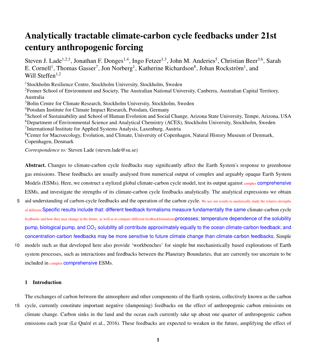 Analytically Tractable Climate-Carbon Cycle Feedbacks Under 21St Century Anthropogenic Forcing Steven J