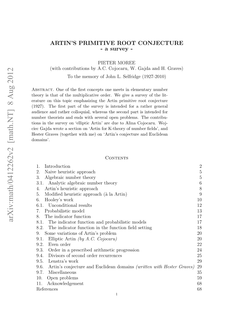 Arxiv:Math/0412262V2 [Math.NT] 8 Aug 2012 Etrgae Tgte Ihm)O Atnscnetr and Conjecture ﬁe ‘Artin’S Number on of Cojoc Me) Domains’