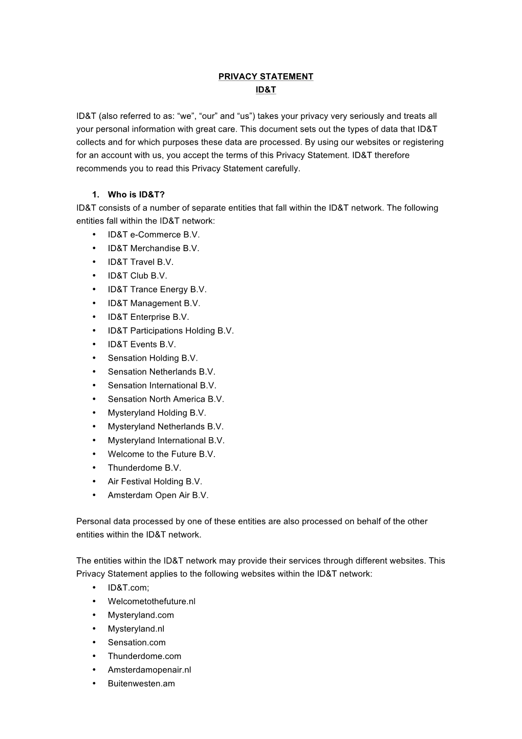 Privacy Statement Id&T Id&T