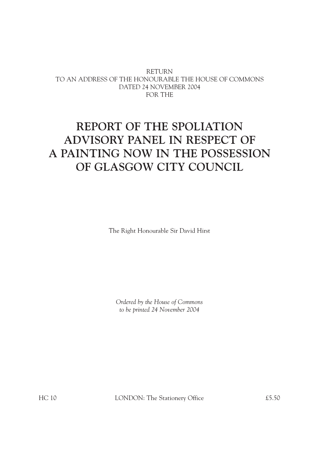 Report of the Spoliation Advisory Panel in Respect of a Painting Now in the Possession of Glasgow City Council