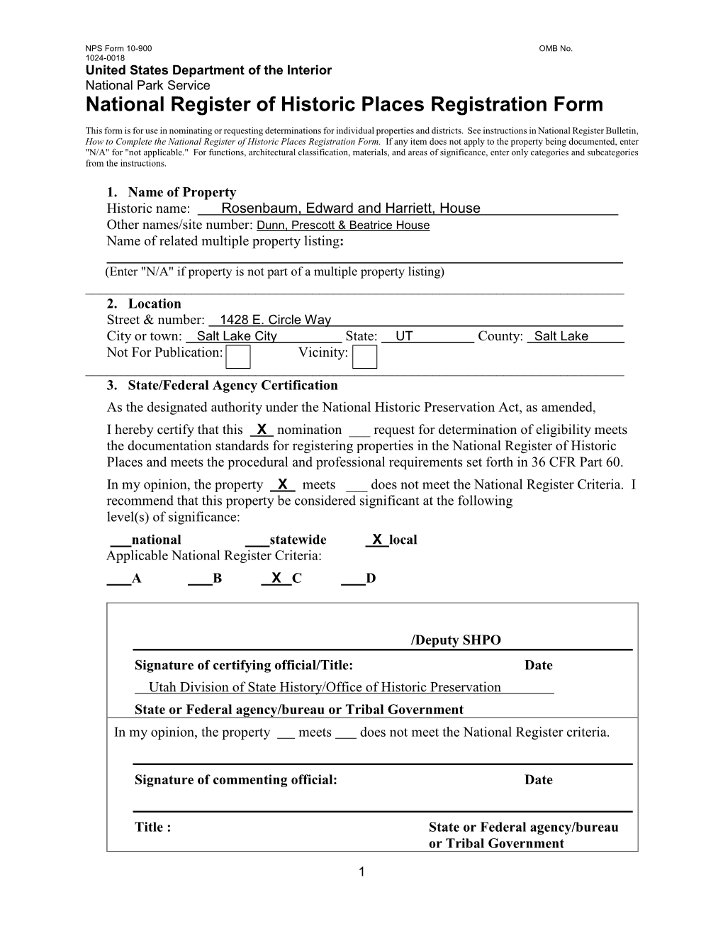 United States Department of the Interior National Park Service National Register of Historic Places Registration Form