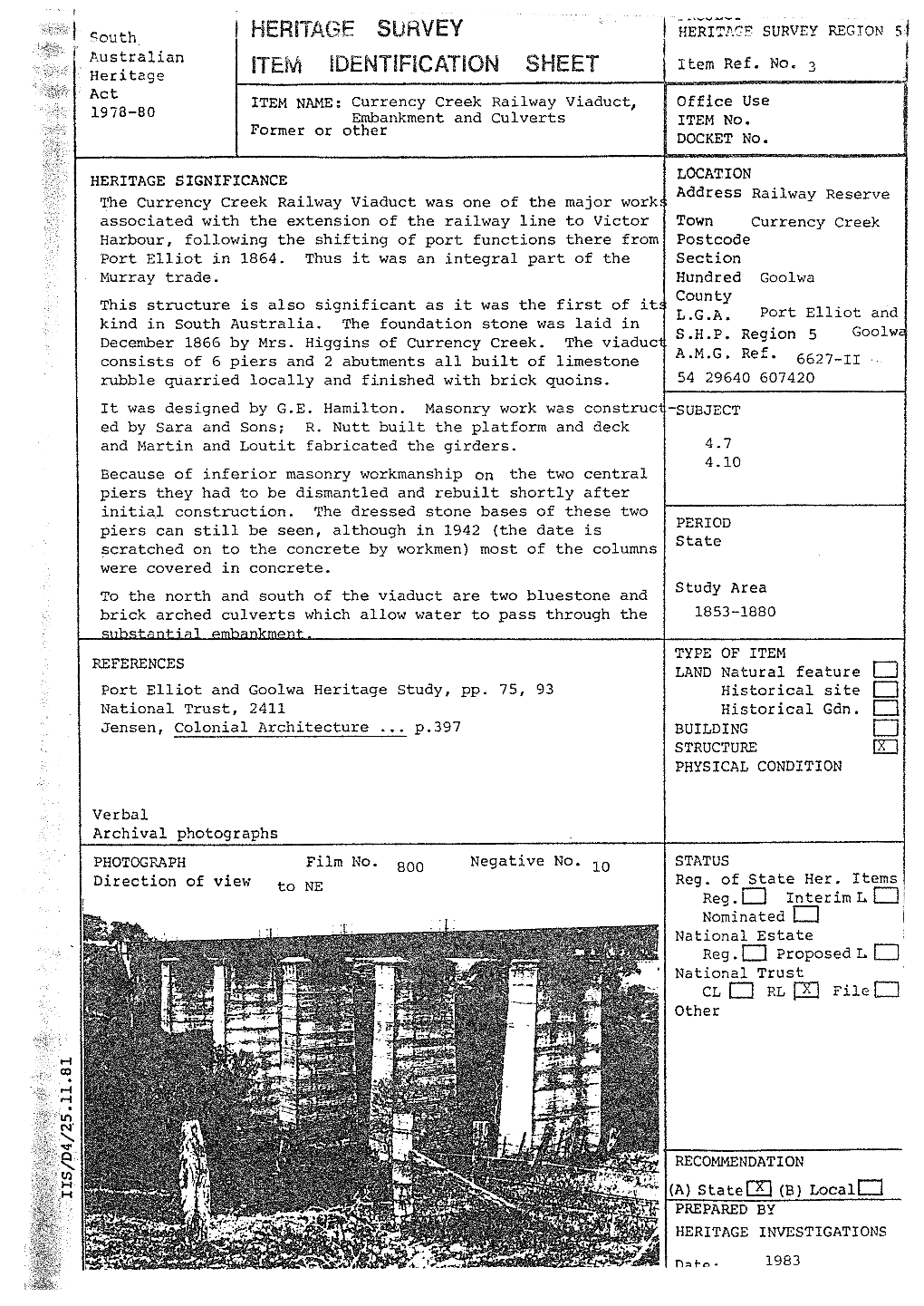 Heritage Survey Item Identification Sheet