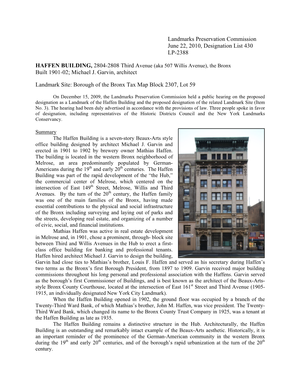 Landmarks Preservation Commission June 22, 2010, Designation List 430 LP-2388