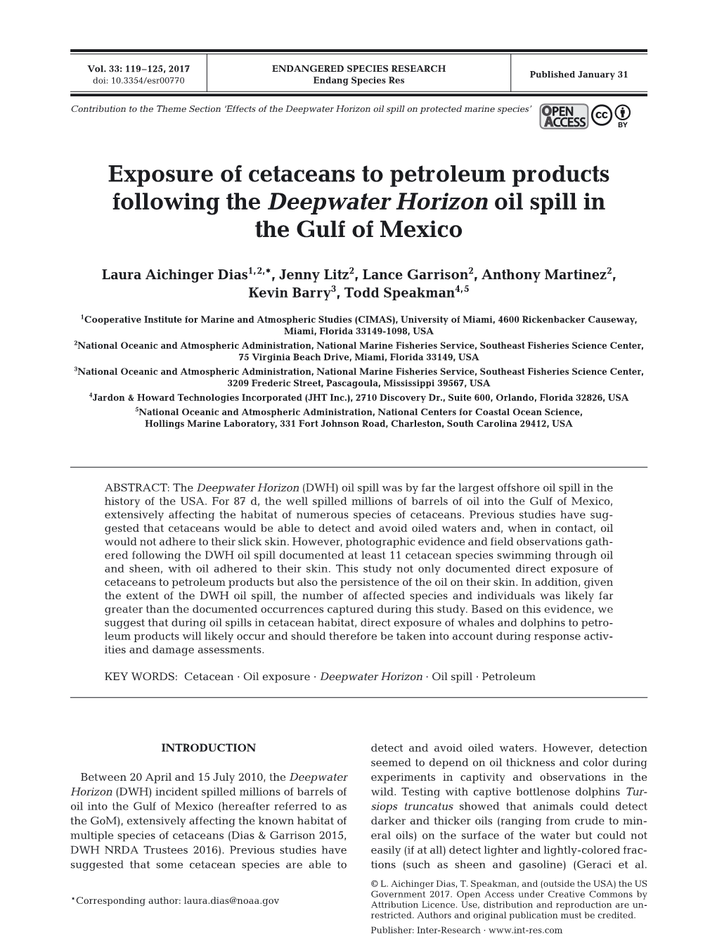 Exposure of Cetaceans to Petroleum Products Following the Deepwater Horizon Oil Spill in the Gulf of Mexico