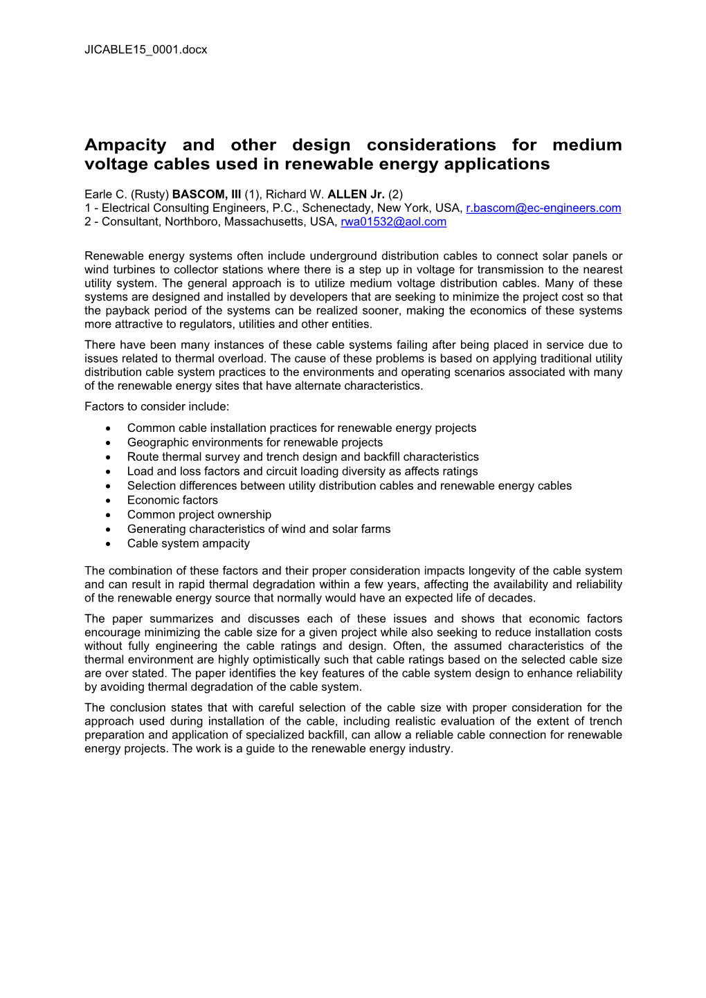 Ampacity and Other Design Considerations for Medium Voltage Cables Used in Renewable Energy Applications