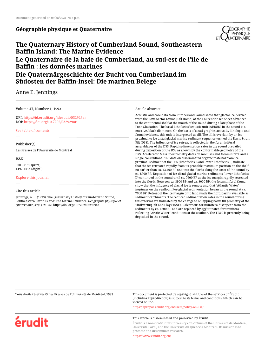 The Quaternary History of Cumberland Sound, Southeastern Baffin Island