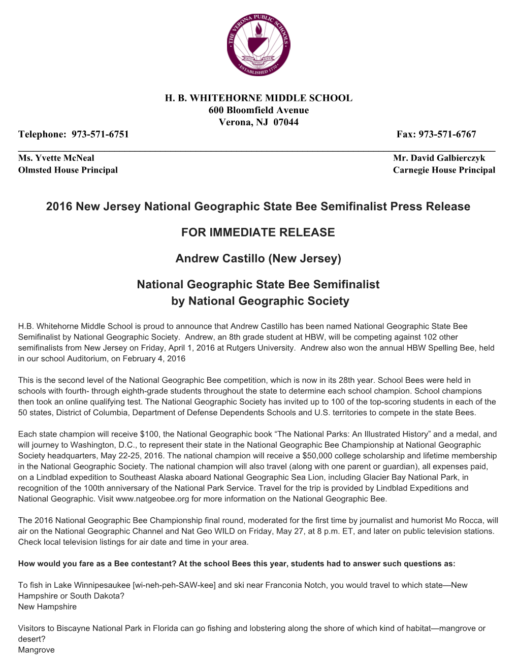 National Geographic State Bee Semifinalist Press Release