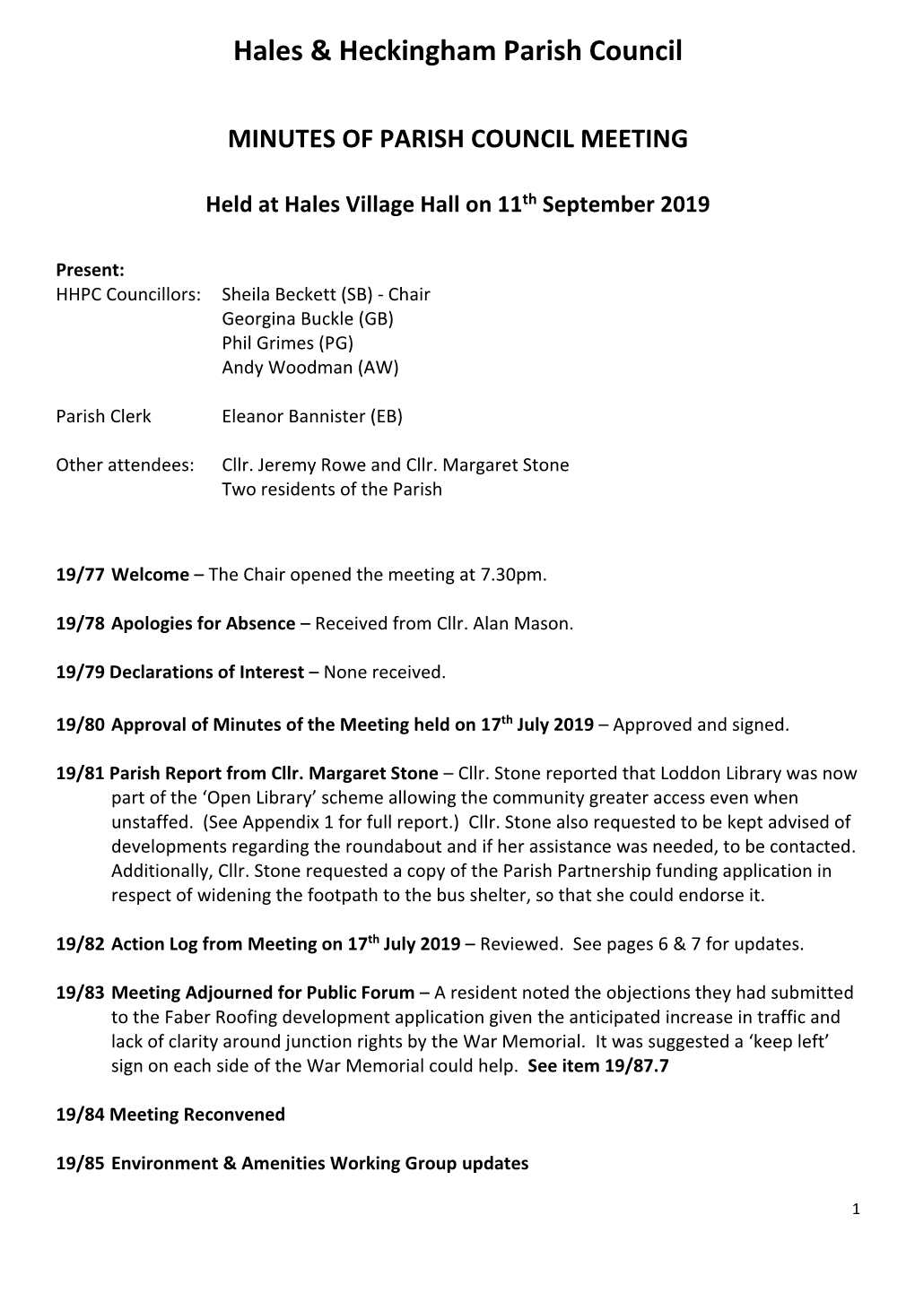 MINUTES of PARISH COUNCIL MEETING Held at Hales Village