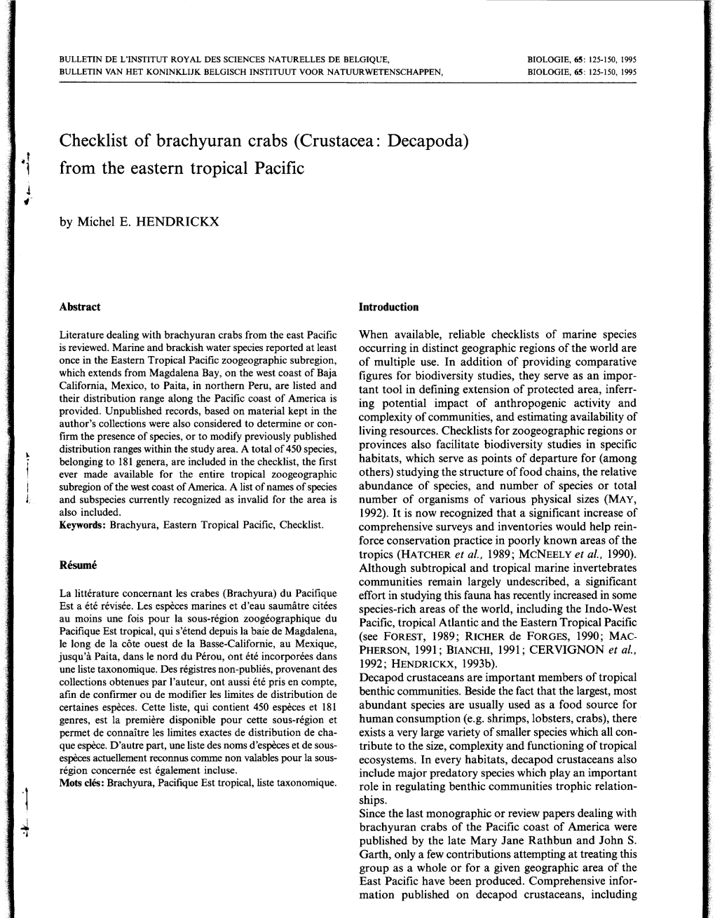 Checklist of Brachyuran Crabs (Crustacea: Decapoda) from the Eastern Tropical Pacific by Michel E