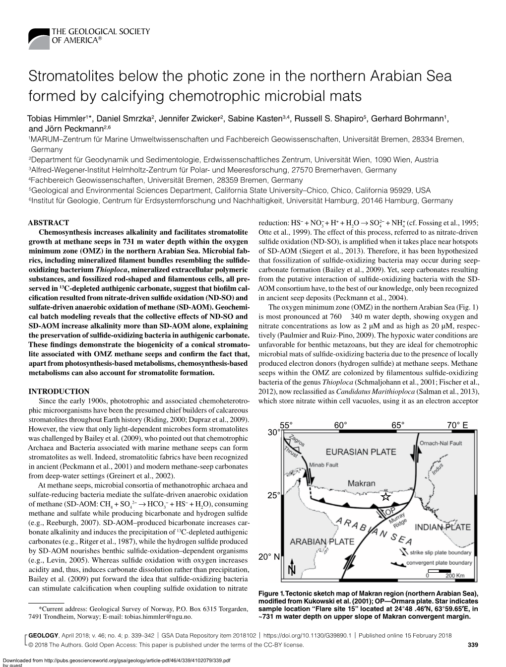 Stromatolites Below the Photic Zone in the Northern Arabian Sea Formed by Calcifying Chemotrophic Microbial Mats