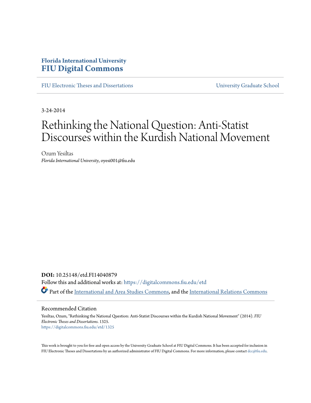 Anti-Statist Discourses Within the Kurdish National Movement Ozum Yesiltas Florida International University, Oyesi001@Fiu.Edu