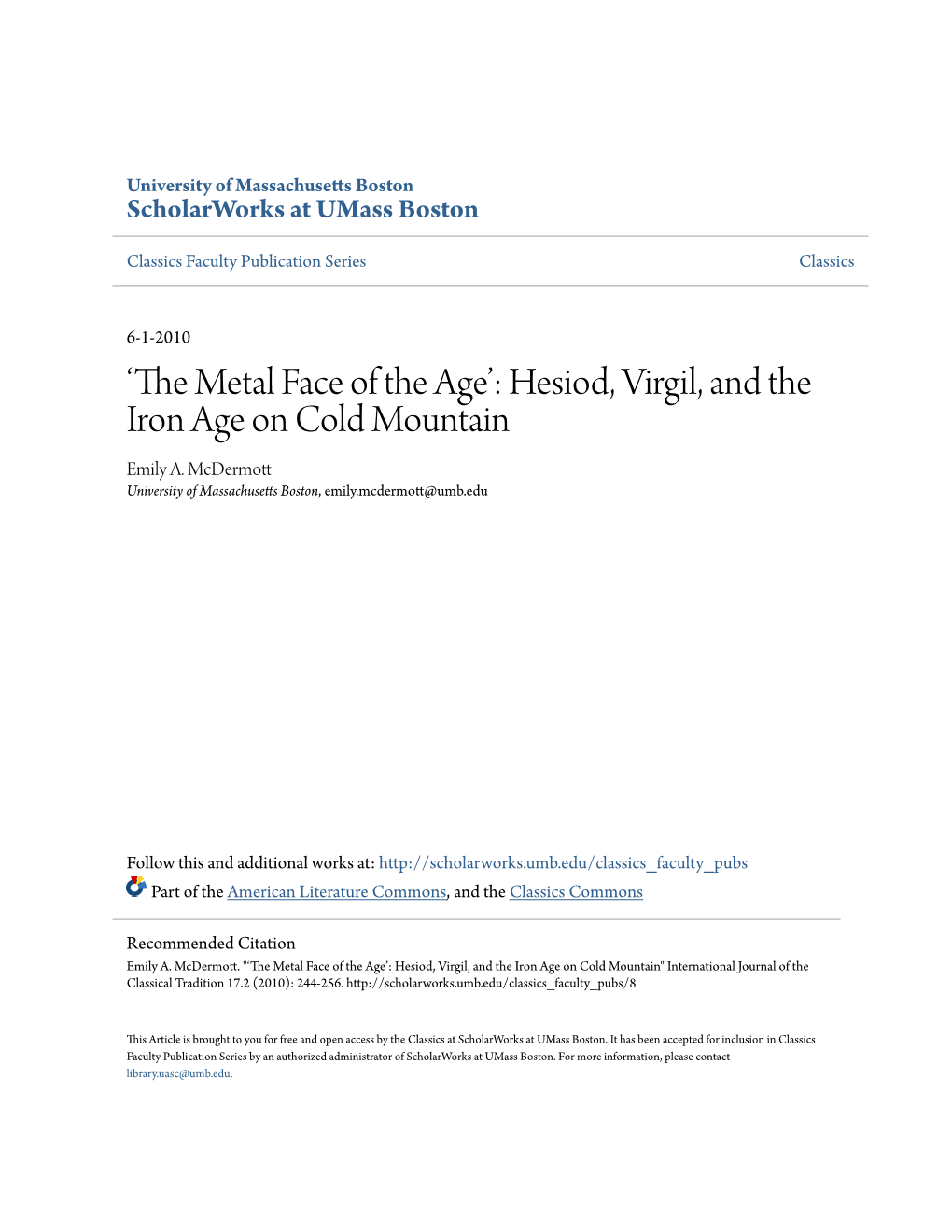 Hesiod, Virgil, and the Iron Age on Cold Mountain Emily A