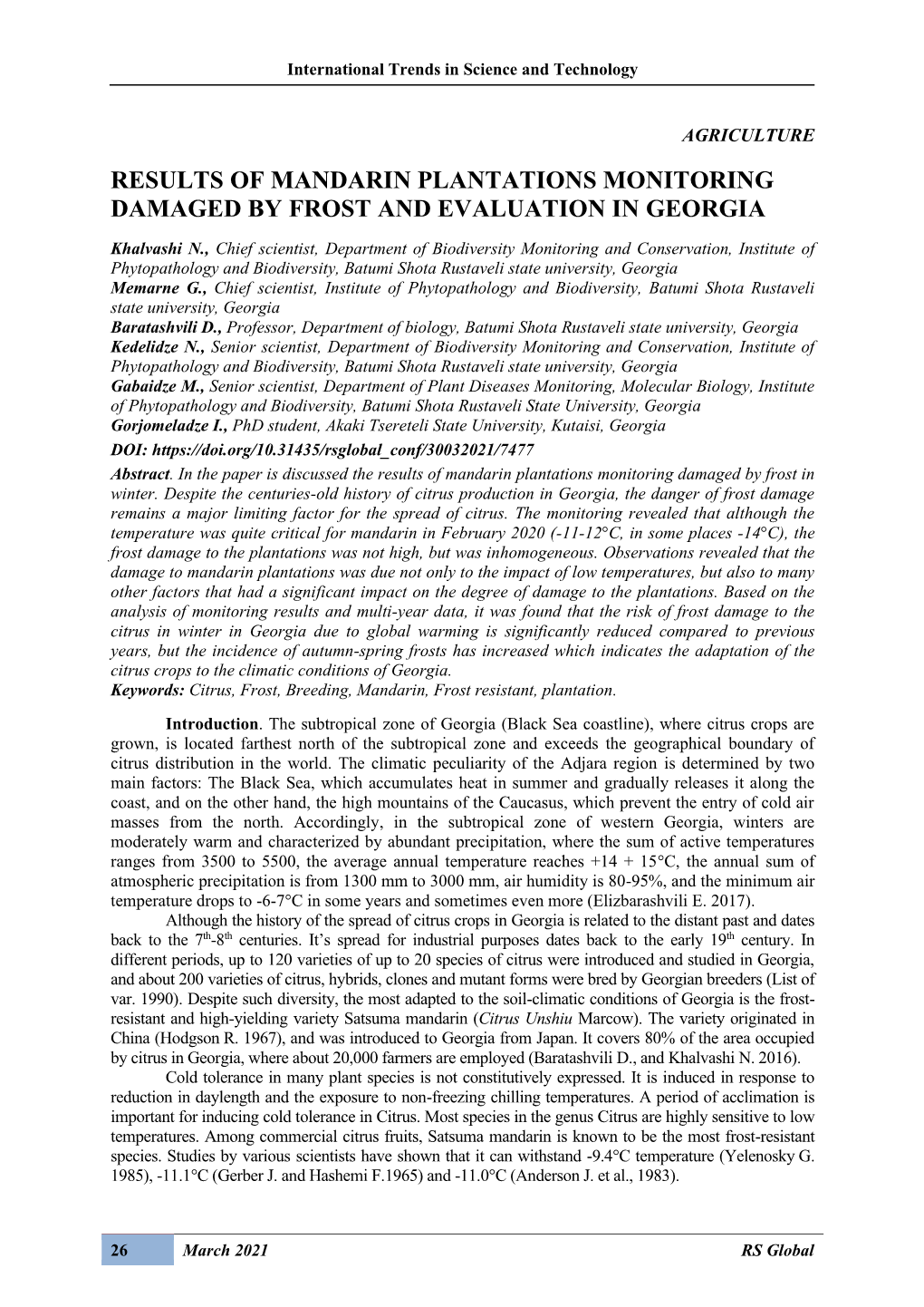 Results of Mandarin Plantations Monitoring Damaged by Frost and Evaluation in Georgia