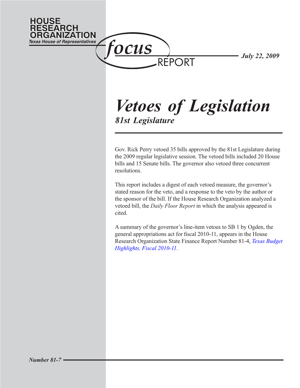 Vetoes of Legislation 81St Legislature