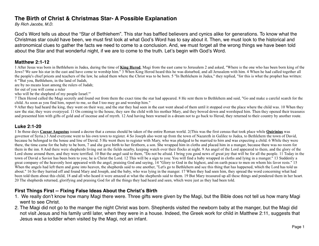 The Birth of Christ & Christmas Star- a Possible Explanation