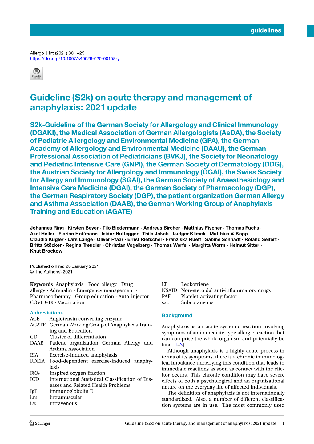 Guideline (S2k) on Acute Therapy and Management of Anaphylaxis: 2021 Update