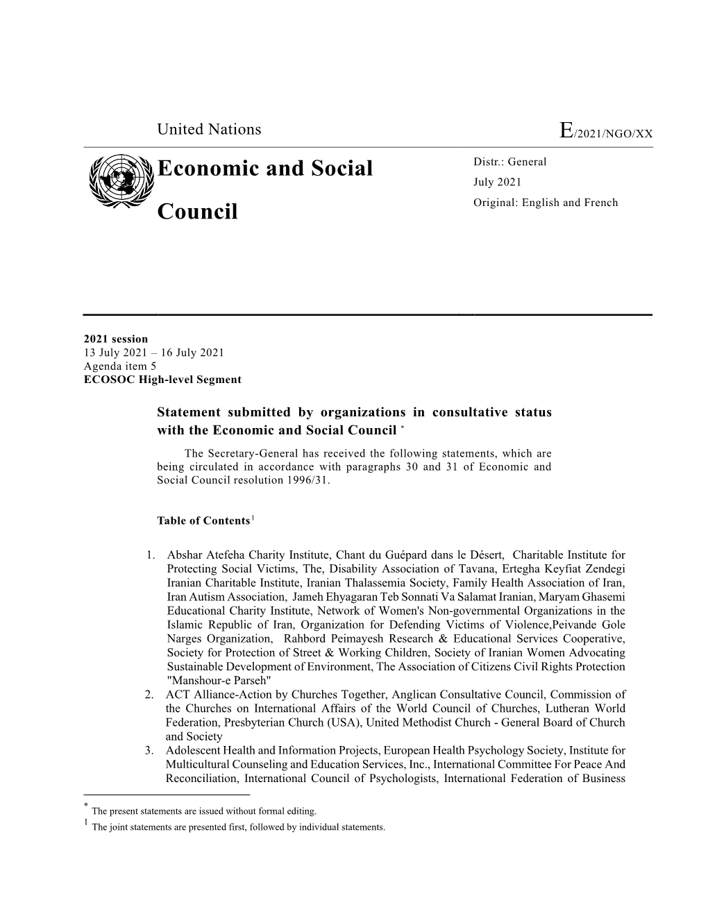 E/2021/NGO/XX Economic and Social Council