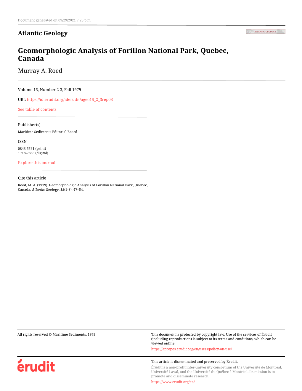 Geomorphologic Analysis of Forillon National Park, Quebec, Canada Murray A