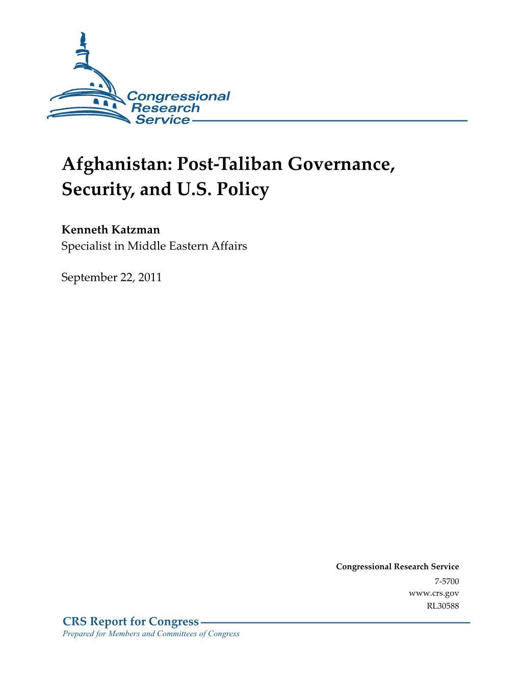 Afghanistan: Post-Taliban Governance, Security, and U.S