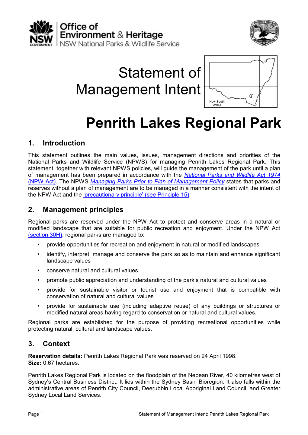 Statement of Management Intent: Penrith Lakes Regional Park