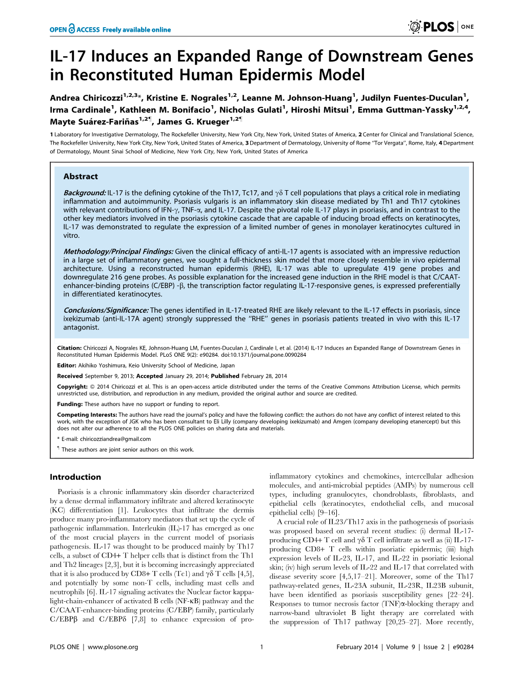 IL-17 Induces an Expanded Range of Downstream Genes in Reconstituted Human Epidermis Model