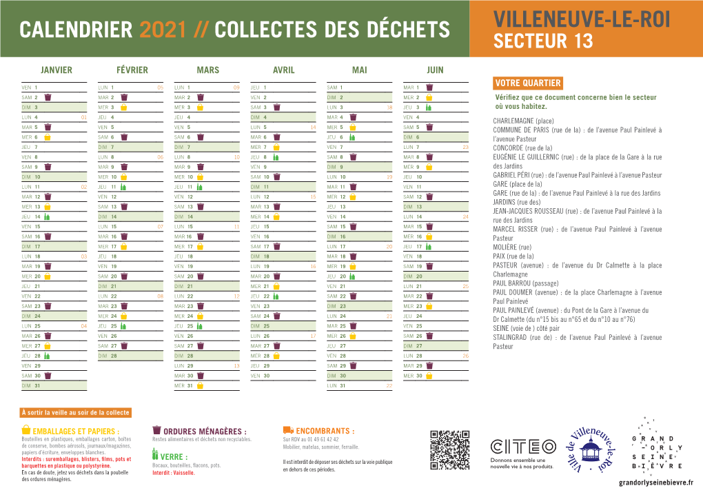 Calendrier Villeneuve-Le-Roi 2021 Secteur 13