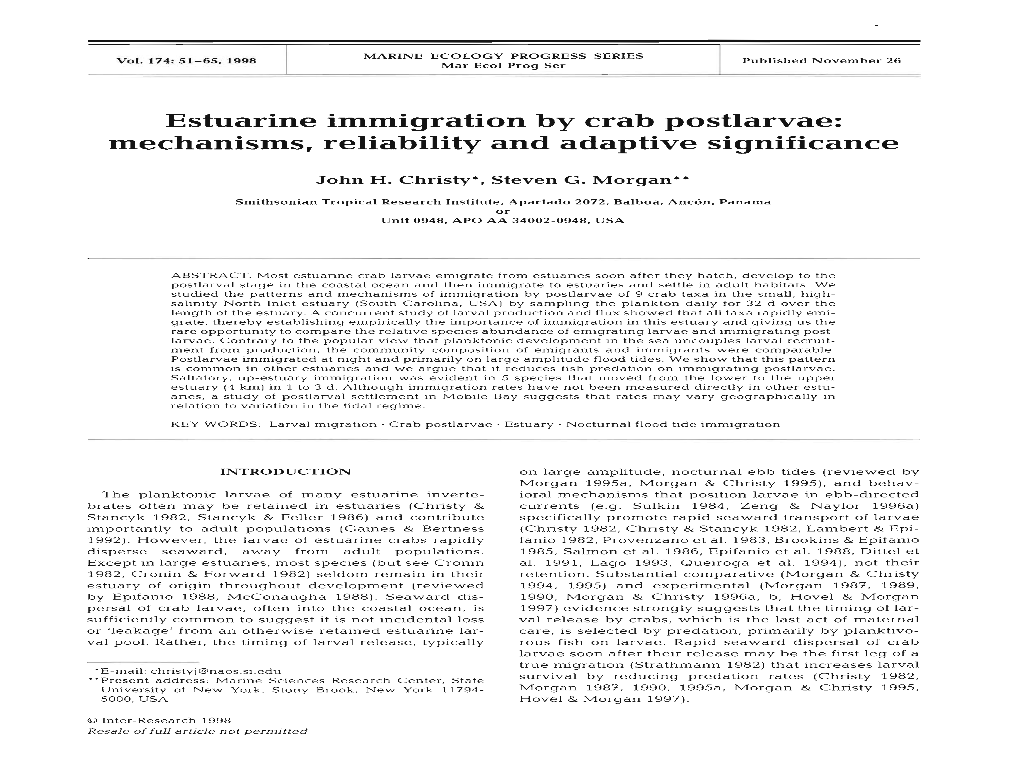 Estuarine Immigration by Crab Postlarvae: Mechanisms, Reliability and Adaptive Significance