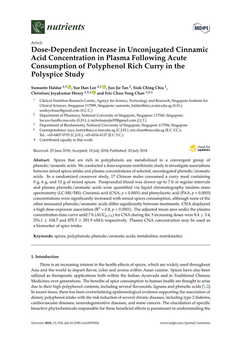 Dose-Dependent Increase in Unconjugated Cinnamic Acid Concentration in Plasma Following Acute Consumption of Polyphenol Rich Curry in the Polyspice Study