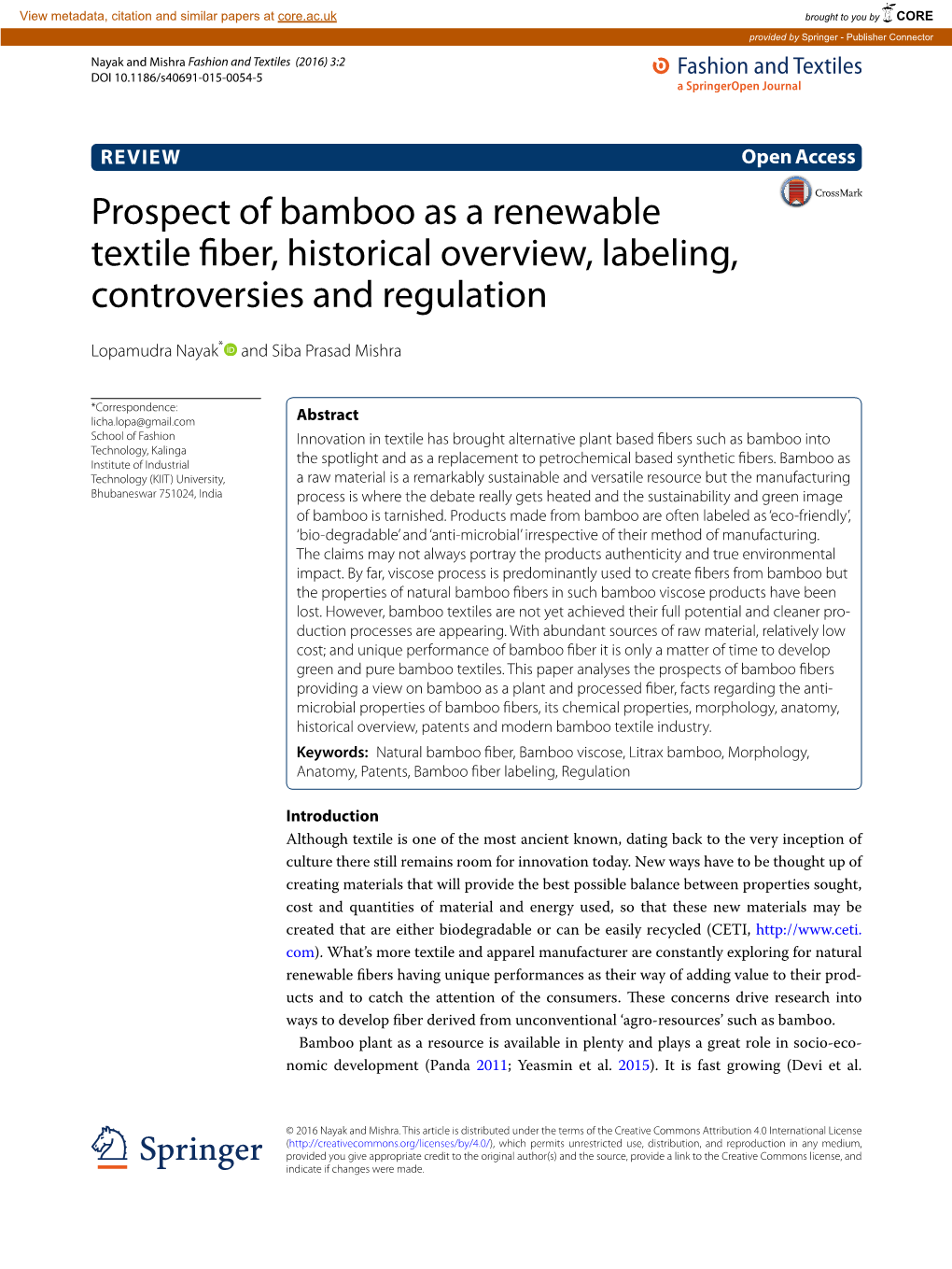 Prospect of Bamboo As a Renewable Textile Fiber, Historical Overview, Labeling, Controversies and Regulation