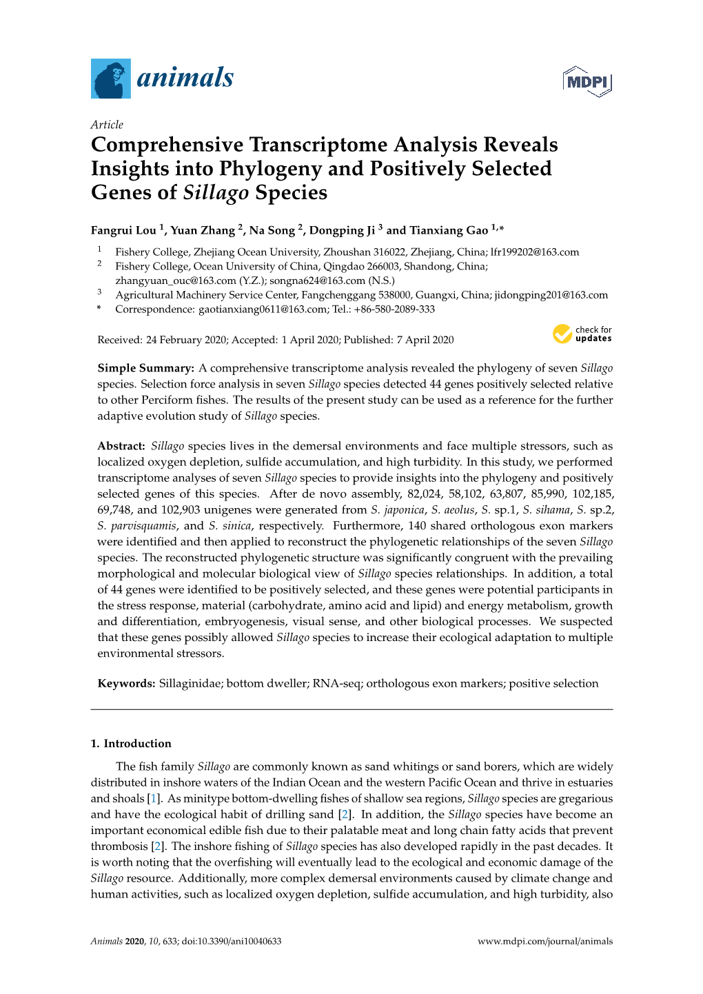 Comprehensive Transcriptome Analysis Reveals Insights Into Phylogeny and Positively Selected Genes of Sillago Species